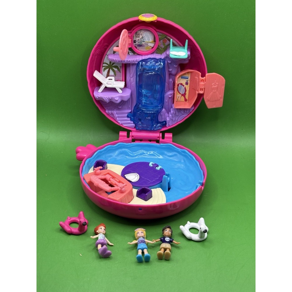 Polly Pocket Compact Pink Flamingo Mini Playset 3 Dolls and Pool Floaties
